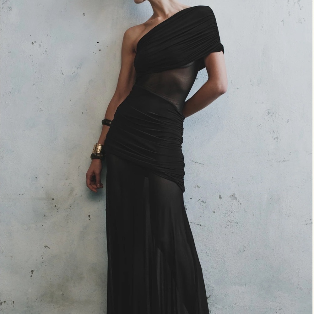 MESHKI Dallas One Shoulder Mesh Maxi Dress - Black